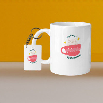 VM SHOPPING MALL Perfect for Coffee and Tea - With Keychain VM Sip Smart Sip Refershing L R Ceramic Coffee Mug(332 ml, Pack of 2)