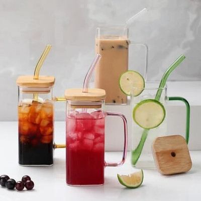 fielrop Random Color Square Glass Sipper Tumbler Tea Cofee Can with Wooden Lid and Straw Glass Tumbler(400 ml, Pack of 2)