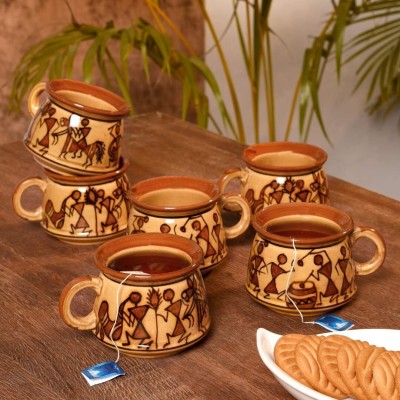 Unravel India Ceramic Brown Handpainted warli Art Tea/Coffee(Set of 6) Ceramic Coffee Mug(50 ml, Pack of 6)