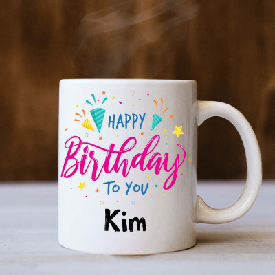 badri creations Happy Birthday Kim White Coffee Ceramic Coffee Mug(350 ml)