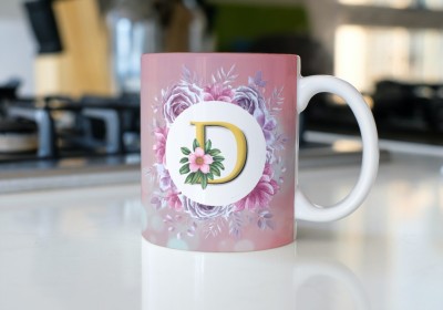 bhumiyaan Best Occasion Alphabet D Ceramic Pink Flower 325 ml Ceramic Coffee Mug(325 ml)