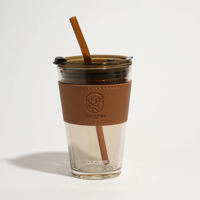 Kaasnis Spices Glass Coffee Sipper with Leather Grip Clear Tumbler Cup with Straw and Lid Glass Tumbler(400 ml)