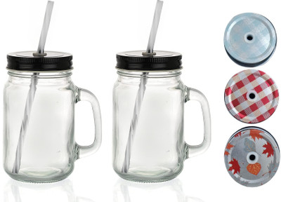 HALO NATION Glass Mason Jar with Straw - Sipper Jar With Leak Proof Lid & Straw Glass Mason Jar(500 ml, Pack of 2)
