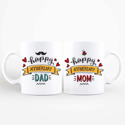 Clapcart Happy Anniversary Dad & Mom Couple Combo Printed Coffee / Ceramic (Set Of 2) Ceramic Coffee Mug(350 ml, Pack of 2)
