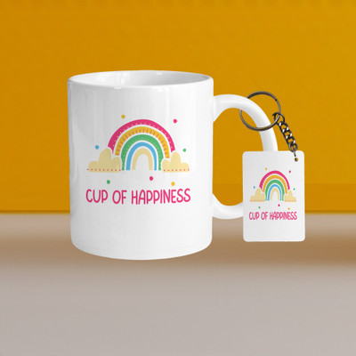 VM SHOPPING MALL 330ml Ceramic White Coffee-cup of happiness rainbow-With Rectangle Keychain Ceramic Coffee Mug(330 ml, Pack of 2)