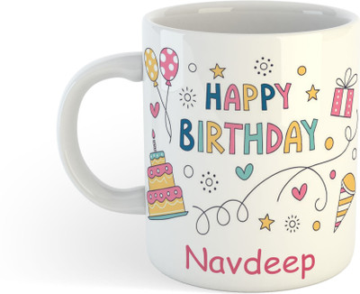 UNIARAWALAS Happy Birthday Navdeep Printed Ceramic Coffee (325ml) Ceramic Coffee Mug(325 ml)