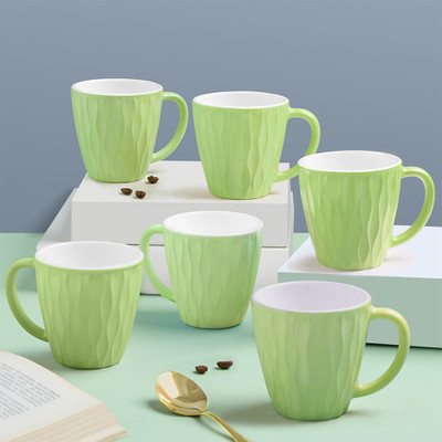 Larah by Borosil 6pc 200ml Tea/Coffee Curl Soft Green Set, Microwave & Dishwasher Safe Opalware Coffee Mug(200 ml, Pack of 6)