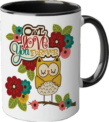 CHARMING Owl Loves You Forever Quote Printed Black Ceramic Coffee Mug(350 ml)