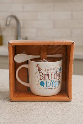 ABC Ceramic Happy Birthday Gift with Spoon – Printed Coffee Set for Birthday Ceramic Coffee Mug(350 ml)