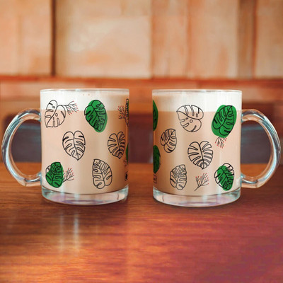 Indigifts Leaves Grean and Line Art Transperant Glass Set of 2_S-TMUGLTP02RO11-GEN22048 Glass Coffee Mug(325 ml, Pack of 2)