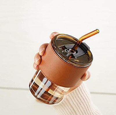 fielrop Glass Tumbler with Straw and Lid Pack of 1 Glass Coffee Mug(400 ml)