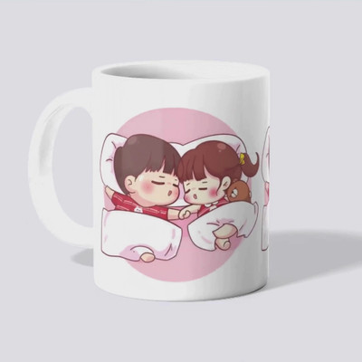 makekart Boyfriend Girlfriend Teddy Bear Hug | Sweetest Couple Art Print Ceramic Coffee Mug(325 ml)