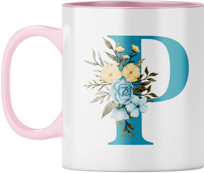 YuBingo Personalized Floral - Elegant P Monogram, Pink Inner & Handle Ceramic Coffee Mug(310 ml)