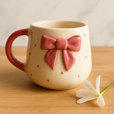 The Indian Home Cute Pink Bow Ceramic for Coffee Tea Milk 3D Bow Design Gift Ceramic Coffee Mug(185 ml)