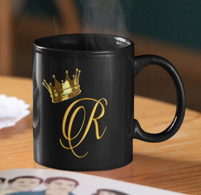 BlueBells Gifting Golden Letter R design Printed on Glossy Black Ceramic Coffee Mug(325 ml)