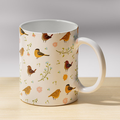 Kanak traders Beautiful Seamless Bird Pattern Printed White Coffee Ceramic (350 ML) Ceramic Coffee Mug(350 ml)