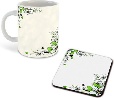 FLEXERSTYLE NEW2025-Flower Printed White Coffee With Coaster - D25 Ceramic Coffee Mug(325 ml)