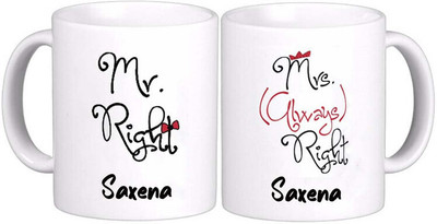 GNS Nation Mrs. & Mr. Saxena New Ceramic Coffee Mug(325 ml, Pack of 2)
