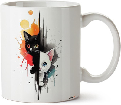 FirseBUY White and Black Cat Art Printed Ceramic Coffee Mug(325 ml)