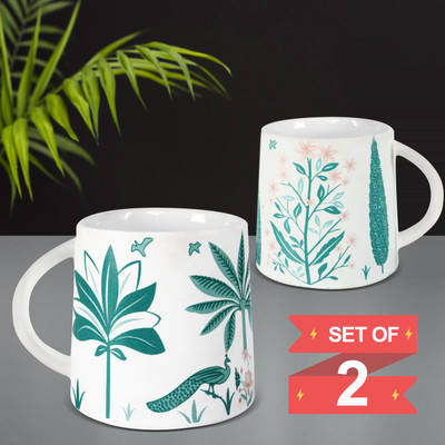 Moon Dust Green Peacock Design Stoneware, Ceramic Coffee Mug(300 ml, Pack of 2)