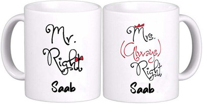 GN NATIONAL Romantic Mr & Mrs Saab Couple Funny Anniversary Quote Love 202_1909 Ceramic Coffee Mug(325 ml, Pack of 2)
