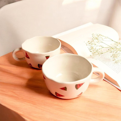SOULCRAFTZ Artistic Handcrafted Watermelon Ceramic Cup | Perfect Gift for Tea, Milk or Soup Ceramic Coffee Mug(400 ml, Pack of 2)
