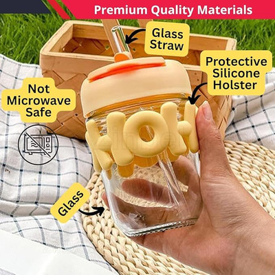 RUTANJAL Glass Shaker Cup with Lid & Straw|Glass Bottle with Silicone Glass Mason Jar(350 ml)