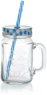 Ditiya Glass Mason with Air Tight Lid, Straw and Handle Chocolate Shake Juice Glass Coffee Mug(500 ml)