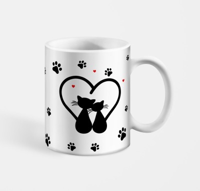 TRISHIKA ENTERPRISE Cat Couple heart Scratching Artwork Printed White Ceramic Tea & Coffee Gift Ceramic Coffee Mug(350 ml)