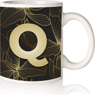 Goldencity Ceramic Alphabet Letter Q Floral Print Glossy Coffee Gift for Husband/wife Ceramic Coffee Mug(330 ml)