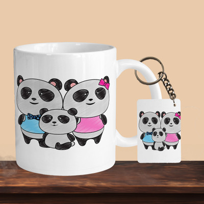 VM SHOPPING MALL Panda Family R-R Ceramic Coffee Mug(330 ml, Pack of 2)