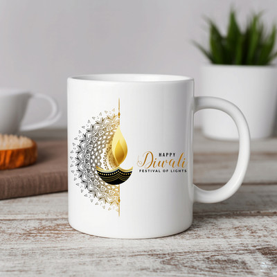 Vihaan Fashions Happy Diwali Printed Ceramic Coffee | Diwali Diya Design | Diwali Gift Ceramic Coffee Mug(350 ml)