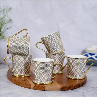 Femora Gold Glass Mosaic Teas, Ceramic Tea Cups, Coffees (NOT Microwave Safe) Bone China Coffee Mug(180 ml, Pack of 6)