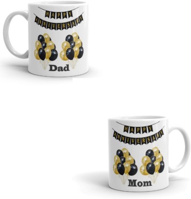 ADRON Happy Anniversary Mom Dad Printed Ceramic Coffee Mug(330 ml, Pack of 2)