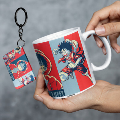 TheWhoop Anime Monkey D. Luffy Combo Gift Big Cup With Keychain Ceramic Coffee Mug(350 ml, Pack of 2)