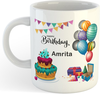 RAJEEC Happy Birthday Amrita Name Printed Ceramic Coffee Ceramic Coffee Mug(320 ml)