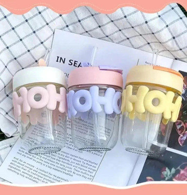 Almighty Glass Sipper Tumbler Tea Coffee Can with Acrylic Lid and Straw Fruit Milk Juice Glass Fondue Mug(350 ml)