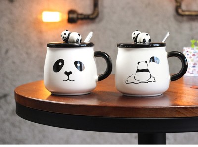 Avastro Lazy Panda Printed with Lid and Spoon -White Cup Ceramic Coffee Mug(450 ml, Pack of 2)