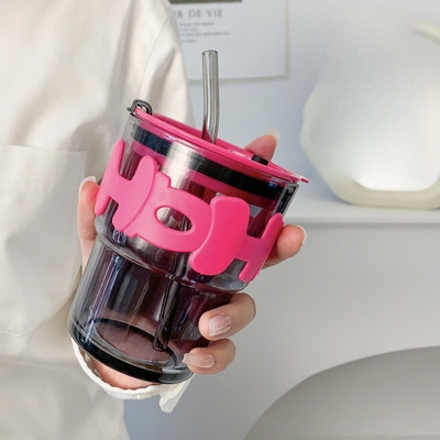 ROCXY Travel Glass Sipper Tumbler with Straw and Lid 350ml Glass Coffee Glass Coffee Mug(350 ml)