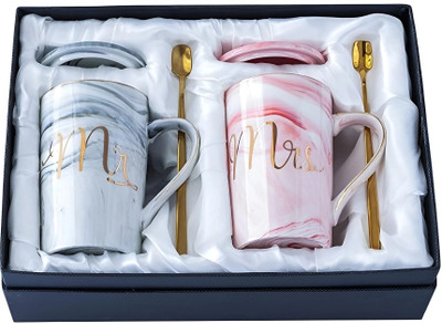 manekk world Marble Design Elegant Mr And Mrs Ceramic Coffee With Lid Spoon Ceramic Coffee Mug(400 ml, Pack of 2)