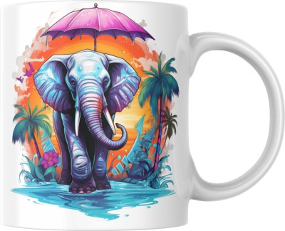 Srirudh African Wildlife Elephant with Umbrella in the Savannah at a Waterhole Ceramic Coffee Mug(350 ml)