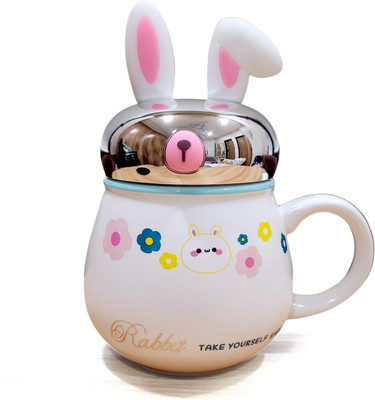 KRESHU Cute Rabbit Coffees with Lid and Handle Cartoon for Home Party Ceramic CoffeeMug Ceramic Coffee Mug(420 ml)