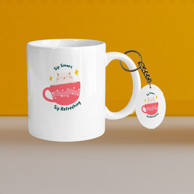 VM SHOPPING MALL 330ml Ceramic White Coffee-sip smart sip refershing-With Oval Keychain Ceramic Coffee Mug(330 ml, Pack of 2)