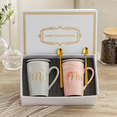 b7 Creations Ceramic Marble Finish Coffee With Lid- Spoon For Anniversary Valentineah Ceramic Coffee Mug(380 ml, Pack of 2)