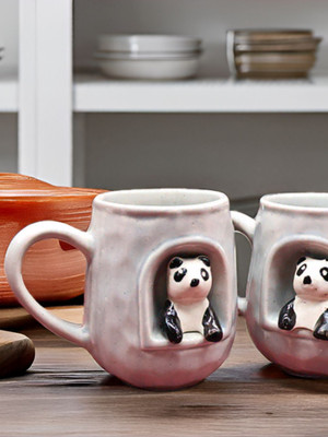 Kraftlik Handicrafts Panda House – Grey Edition Set of 2 Ceramic Coffee Mug(250 ml, Pack of 2)