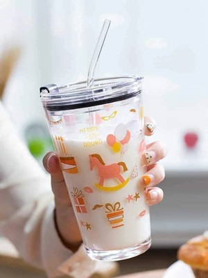 Sphronal MUG WITH LID AND STRAW, Thick Shake Fruit Juice Bottle for Home and Office Glass Mason Jar(350 ml)