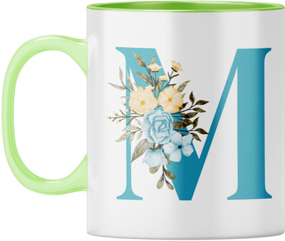 YuBingo Personal Initial - Elegant M Design, Light Green Inner & Handle Ceramic Coffee Mug(310 ml)