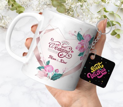 NH10 DESIGNS Happy Anniversary Mom Dad Printed Coffee Cup With Keychain - HWAPFWMK 77 Ceramic Coffee Mug(350 ml)