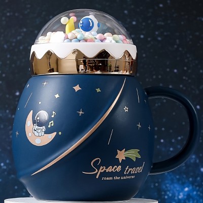 BONZEAL Universe Blue Astronaut Travel Space Cup With Lid 500 ml Ceramic Coffee Mug(500 ml)