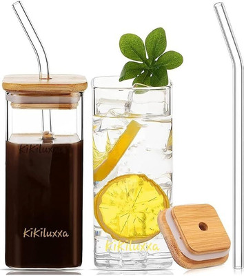 RDNENTERPRISE Square Mason Wooden Lid & Straw Glass Mason Jar Glass Mason Jar(410 ml, Pack of 2)